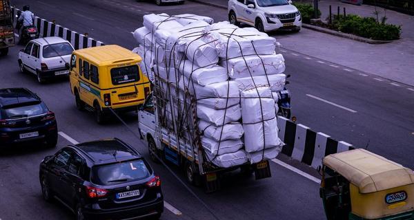 Truck loaded with sacks for transport